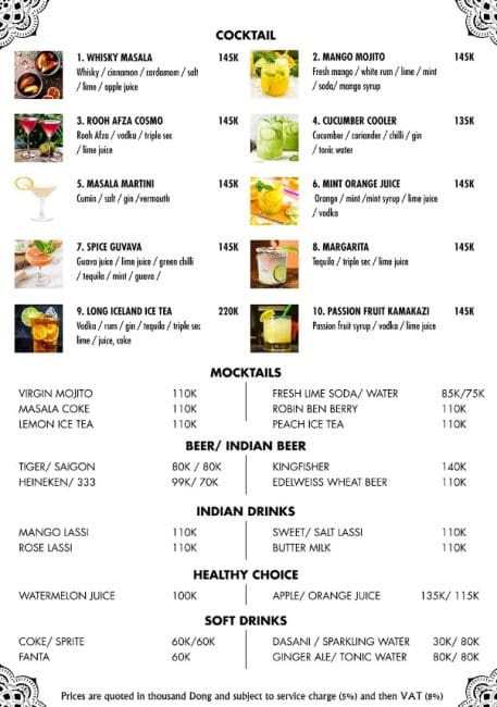 Menu cocktail của nhà hàng BENARAS