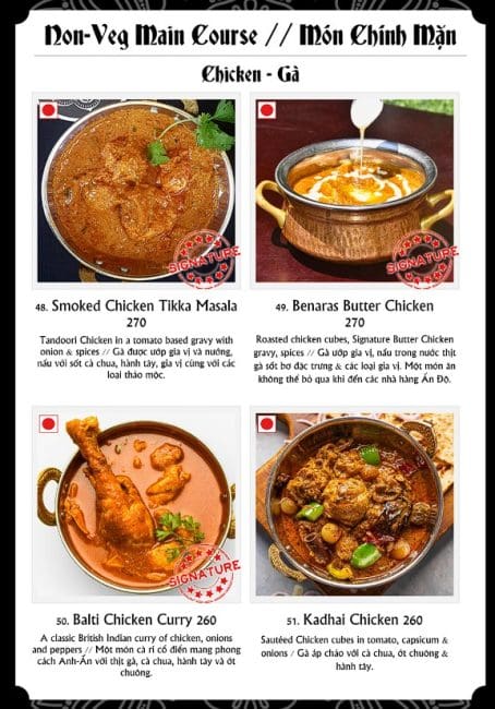 Menu món chính mặn tại nhà hàng 